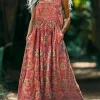 just fashion now  - فستان صيفي نسائي مطبوع بالزهور بدون أكمام وياقة دائرية كاجوال يومي ماكسي تانك بقصة H