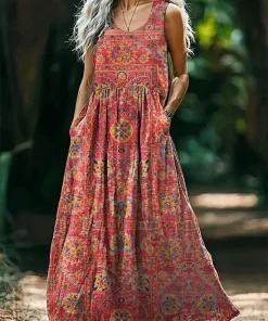 just fashion now  - فستان صيفي نسائي مطبوع بالزهور بدون أكمام وياقة دائرية كاجوال يومي ماكسي تانك بقصة H