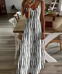 just fashion now  - فستان صيفي نسائي مخطط مطبوع بدون أكمام وياقة V كاجوال يومي ماكسي سليب بقصة X