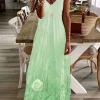 just fashion now  - فستان صيفي نسائي مطبوع بالزهور بدون أكمام وياقة V كاجوال يومي ماكسي سليب بقصة X
