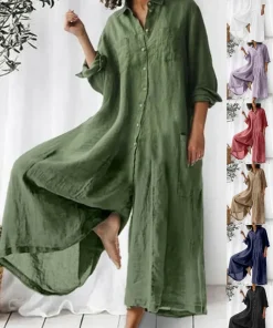 just fashion now  - جمبسوت نسائي كاجوال بياقة شال وأكمام طويلة - مزيج قطني مريح لفصلي الربيع والخريف