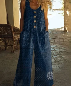 just fashion now  - جمبسوت صيفي نسائي بدون أكمام بياقة دائرية ونقشات هندسية عصرية