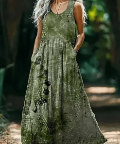 just fashion now  - فستان صيفي نسائي مطبوع بالزهور بدون أكمام وياقة دائرية كاجوال يومي ماكسي تانك بقصة H