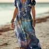 just fashion now  - فستان صيفي نسائي مطبوع عليه قمر بأكمام قصيرة وياقة V كاجوال يومي ماكسي تي شيرت بقصة H