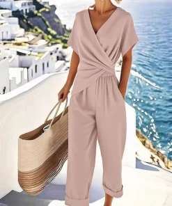 just fashion now  - طقم نسائي قطعتين بتصميم معقود – كاجوال صيفي ببلوزة قصيرة الأكمام وبنطال مريح