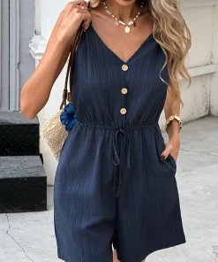 just fashion now  - جمبسوت نسائي صيفي بفتحة رقبة حرف V وتصميم سادة بدون أكمام