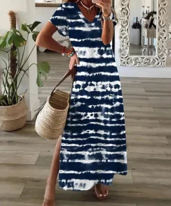 just fashion now  - فستان صيفي نسائي بطباعة تجريدية بأكمام قصيرة وياقة V كاجوال يومي ماكسي بقصة X