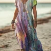 just fashion now  - فستان صيفي نسائي مطبوع بالزهور بأكمام قصيرة وياقة V كاجوال يومي ماكسي تي شيرت بقصة H