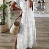 just fashion now  - فستان صيفي نسائي مطبوع بالزهور بأكمام قصيرة وياقة V كاجوال يومي ماكسي بقصة X