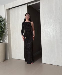 ⁦فور يو - فستان سهرة أسود لامع بكتف واحد وقصة ميرميد أنيقة⁩ - الصورة ⁦4⁩