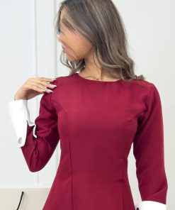 ⁦فور يو - فستان ميدي أنيق بأكمام طويلة وتفاصيل بيضاء راقية⁩ - الصورة ⁦3⁩
