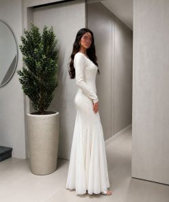 ⁦فور يو - فستان سهرة أوف وايت طويل بأكمام طويلة وتطريز دانتيل ناعم⁩ - الصورة ⁦3⁩