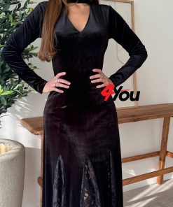 ⁦فور يو - فستان سهرة أسود مخملي بأكمام طويلة وتفاصيل دانتيل راقية⁩ - الصورة ⁦5⁩