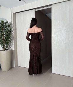 Alternative view of فور يو - فستان سهرة بني لامع بقصة ميرميد وأكمام طويلة