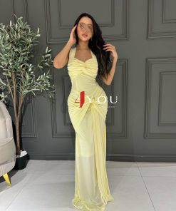 فور يو - فستان سهرة أصفر ليموني بتصميم لف راقي مع ربطة أمامية