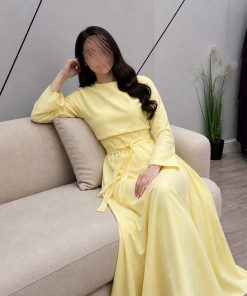 ⁦فور يو - فستان أصفر – تصميم كلاسيكي ناعم بخصر محدد وأكمام⁩ - الصورة ⁦3⁩