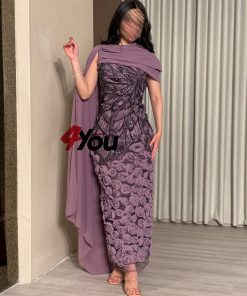⁦فور يو - فستان سهرة موف فاخر بتطريز ترتر ثلاثي الأبعاد وورود بارزة مع شال⁩ - الصورة ⁦3⁩