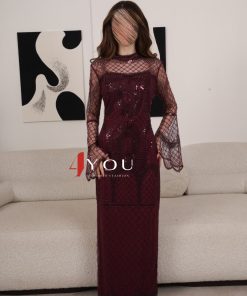 فور يو - فستان سهره برغندي مرصع بأكمام شفافة طويلة